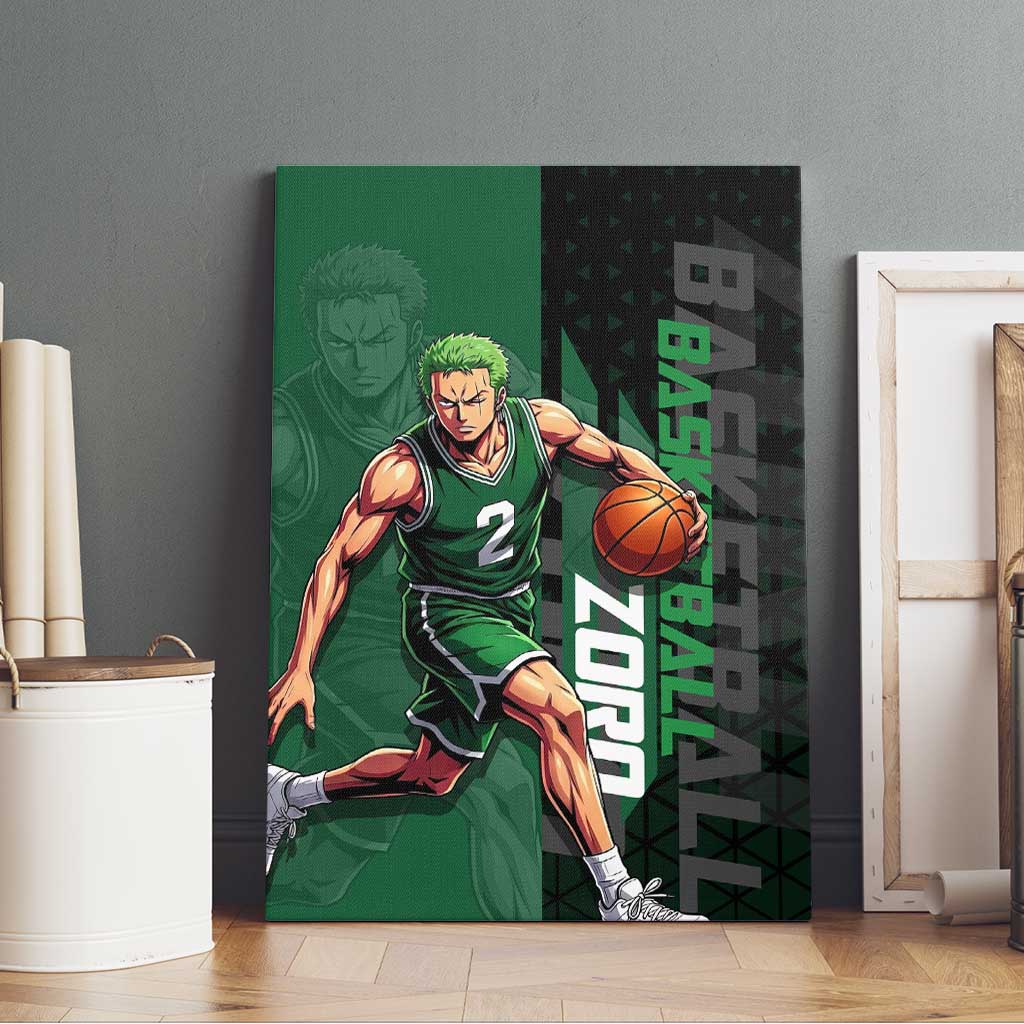 Zoro One Piece Basketball Theme Green and Black Design Canvas Wall Art with Swordsman Logo and Action Dribble Pose - The Mazicc