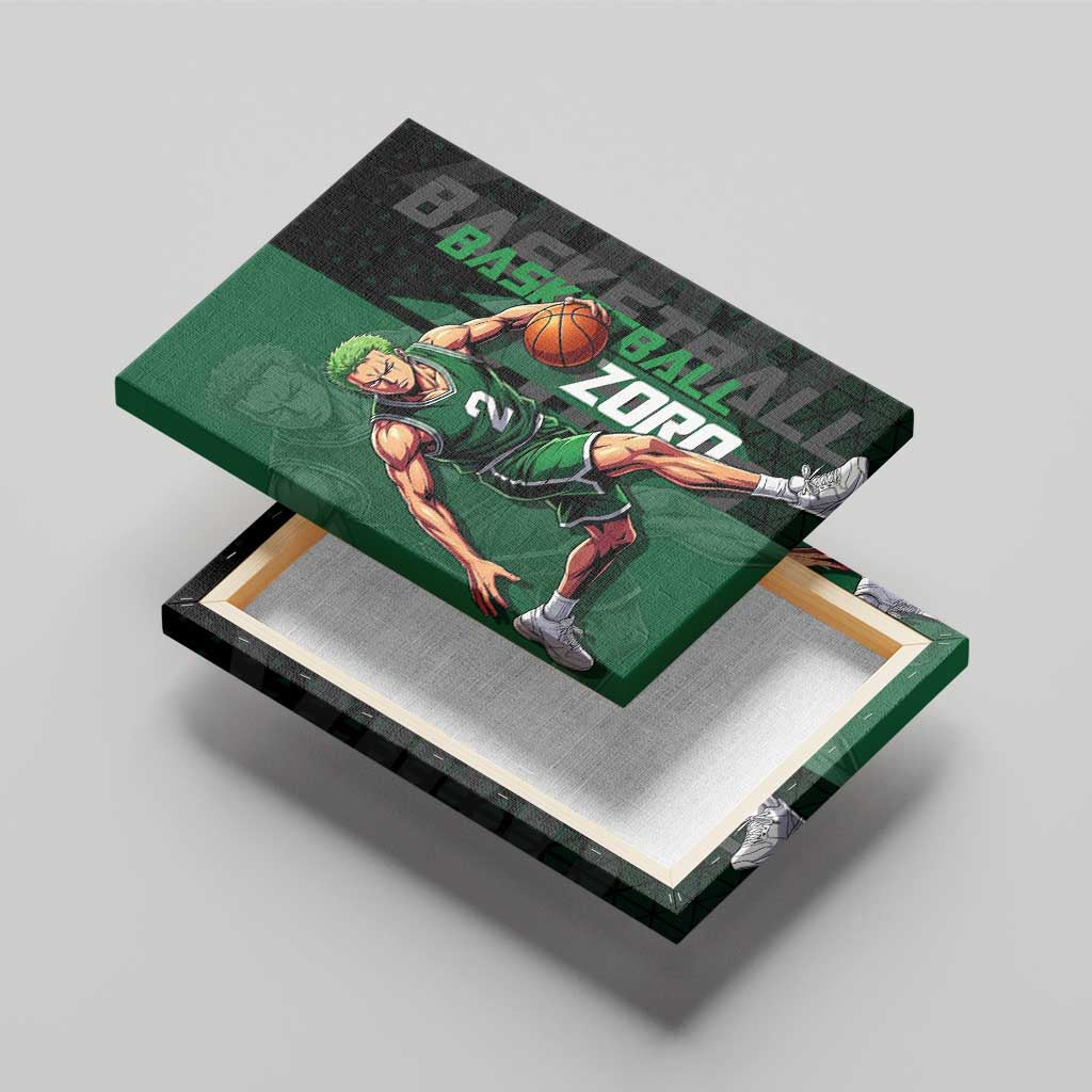 Zoro One Piece Basketball Theme Green and Black Design Canvas Wall Art with Swordsman Logo and Action Dribble Pose - The Mazicc