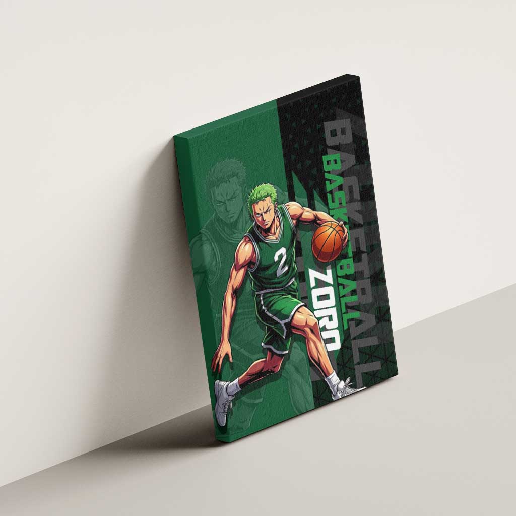 Zoro One Piece Basketball Theme Green and Black Design Canvas Wall Art with Swordsman Logo and Action Dribble Pose - The Mazicc