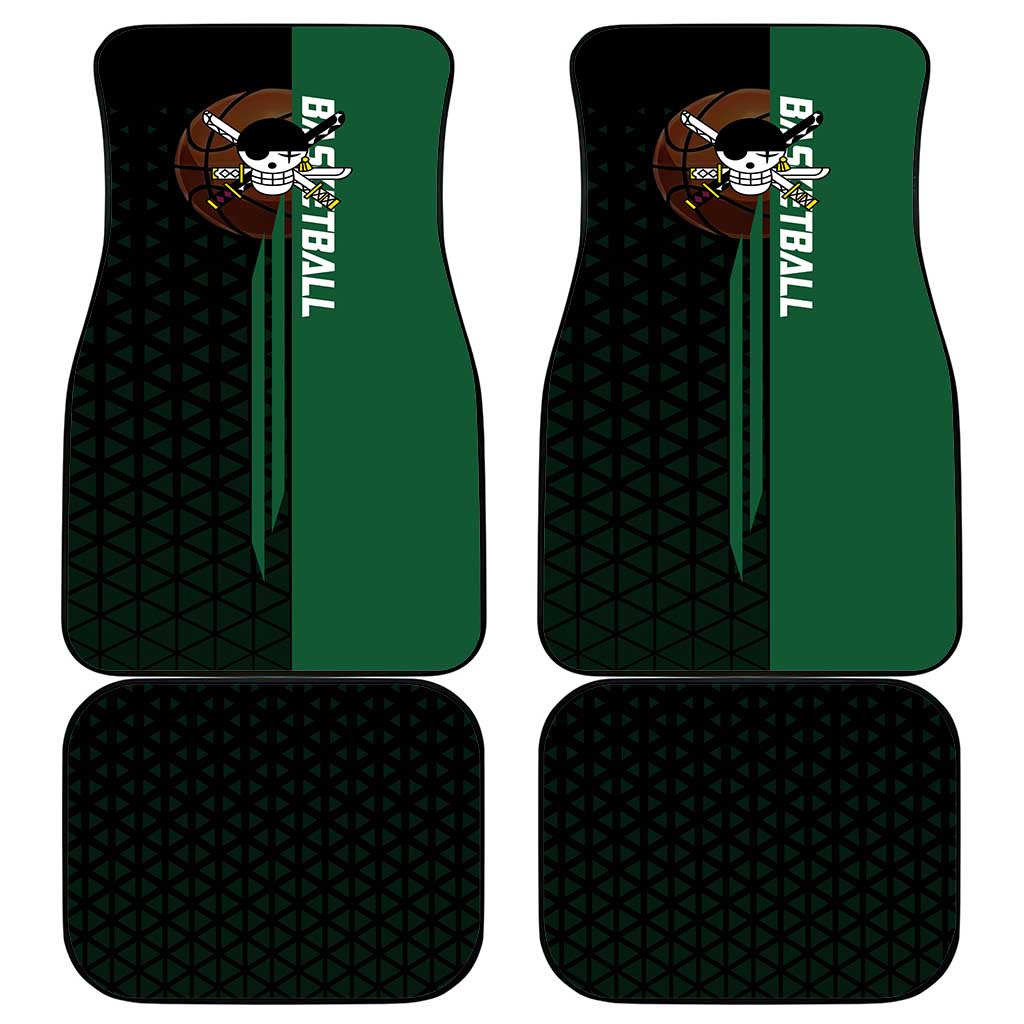 Zoro One Piece Basketball Theme Green and Black Design Car Mats with Swordsman Logo and Action Dribble Pose - The Mazicc