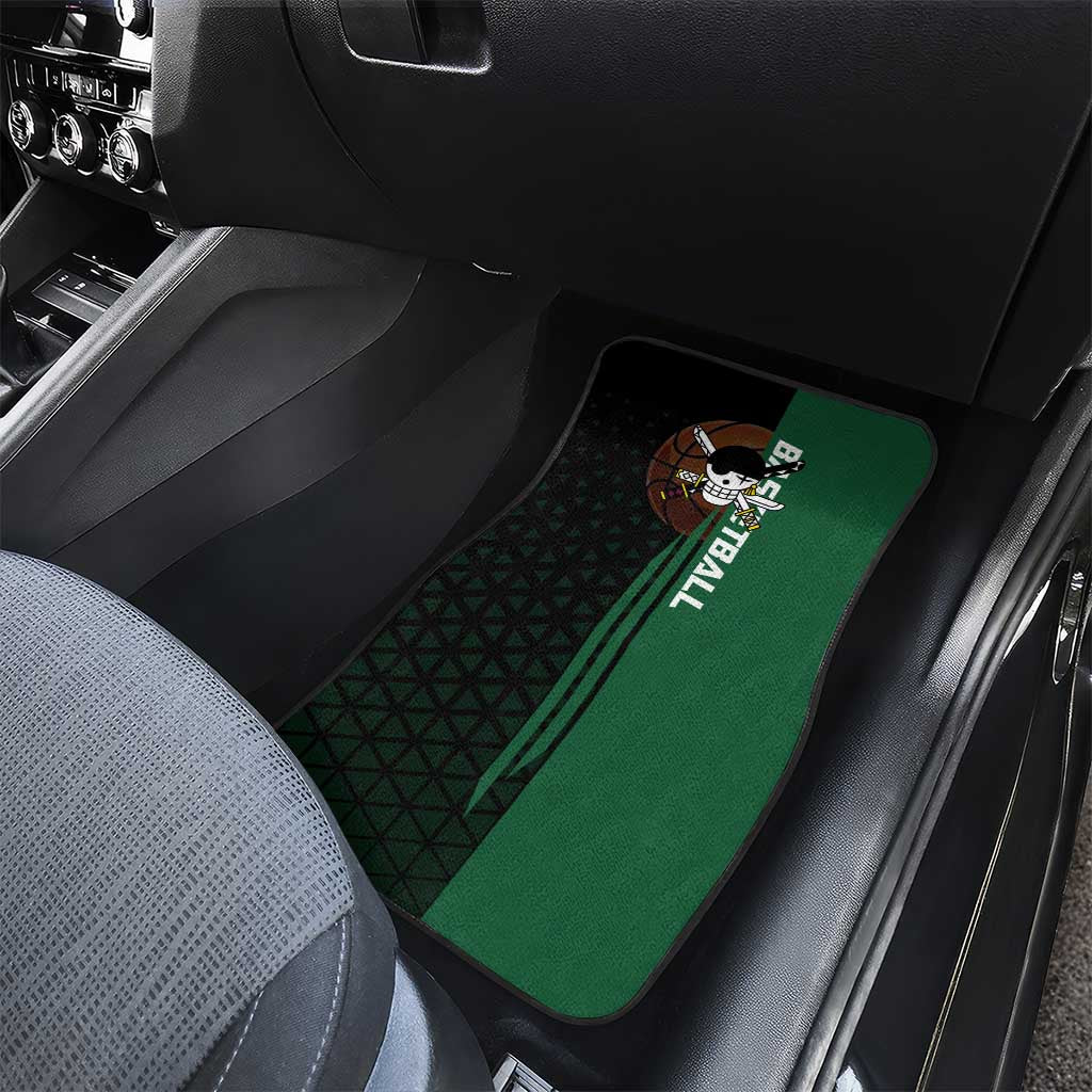 Zoro One Piece Basketball Theme Green and Black Design Car Mats with Swordsman Logo and Action Dribble Pose - The Mazicc
