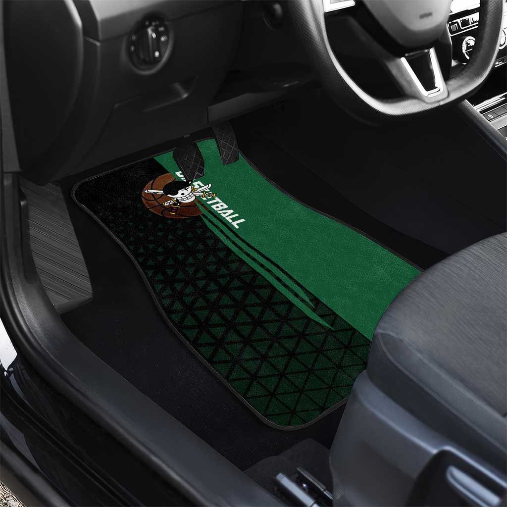 Zoro One Piece Basketball Theme Green and Black Design Car Mats with Swordsman Logo and Action Dribble Pose - The Mazicc