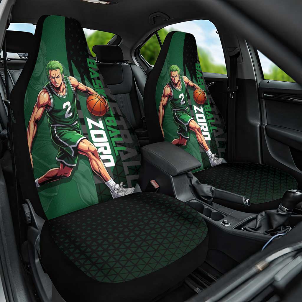 Zoro One Piece Basketball Theme Green and Black Design Car Seat Cover with Swordsman Logo and Action Dribble Pose - The Mazicc