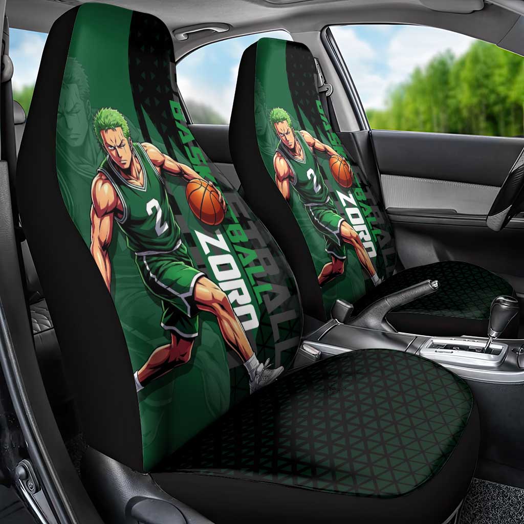 Zoro One Piece Basketball Theme Green and Black Design Car Seat Cover with Swordsman Logo and Action Dribble Pose - The Mazicc