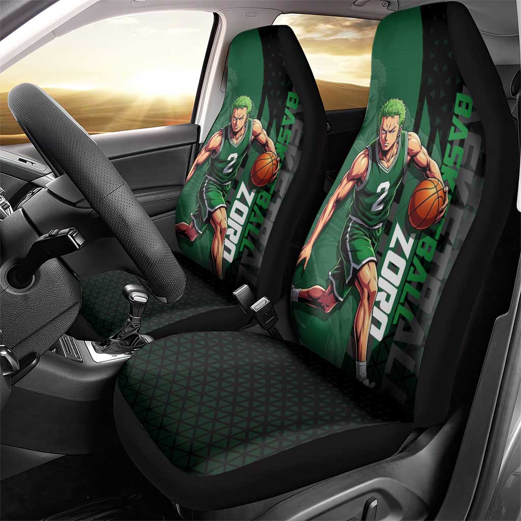 Zoro One Piece Basketball Theme Green and Black Design Car Seat Cover with Swordsman Logo and Action Dribble Pose - The Mazicc