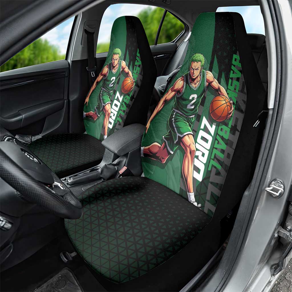 Zoro One Piece Basketball Theme Green and Black Design Car Seat Cover with Swordsman Logo and Action Dribble Pose - The Mazicc