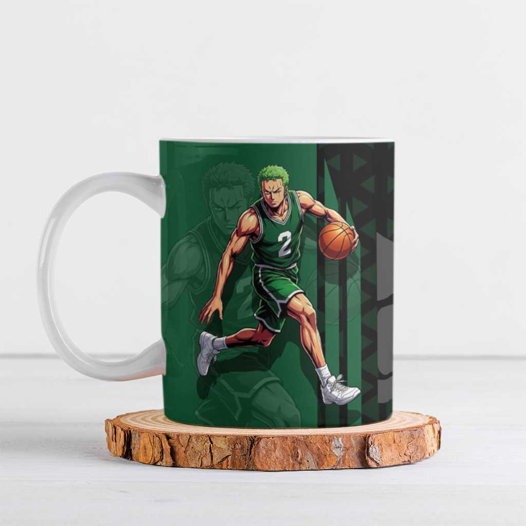 Zoro One Piece Basketball Theme Green and Black Design Ceramic Mug with Swordsman Logo and Action Dribble Pose - The Mazicc