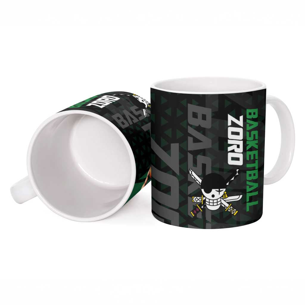 Zoro One Piece Basketball Theme Green and Black Design Ceramic Mug with Swordsman Logo and Action Dribble Pose - The Mazicc