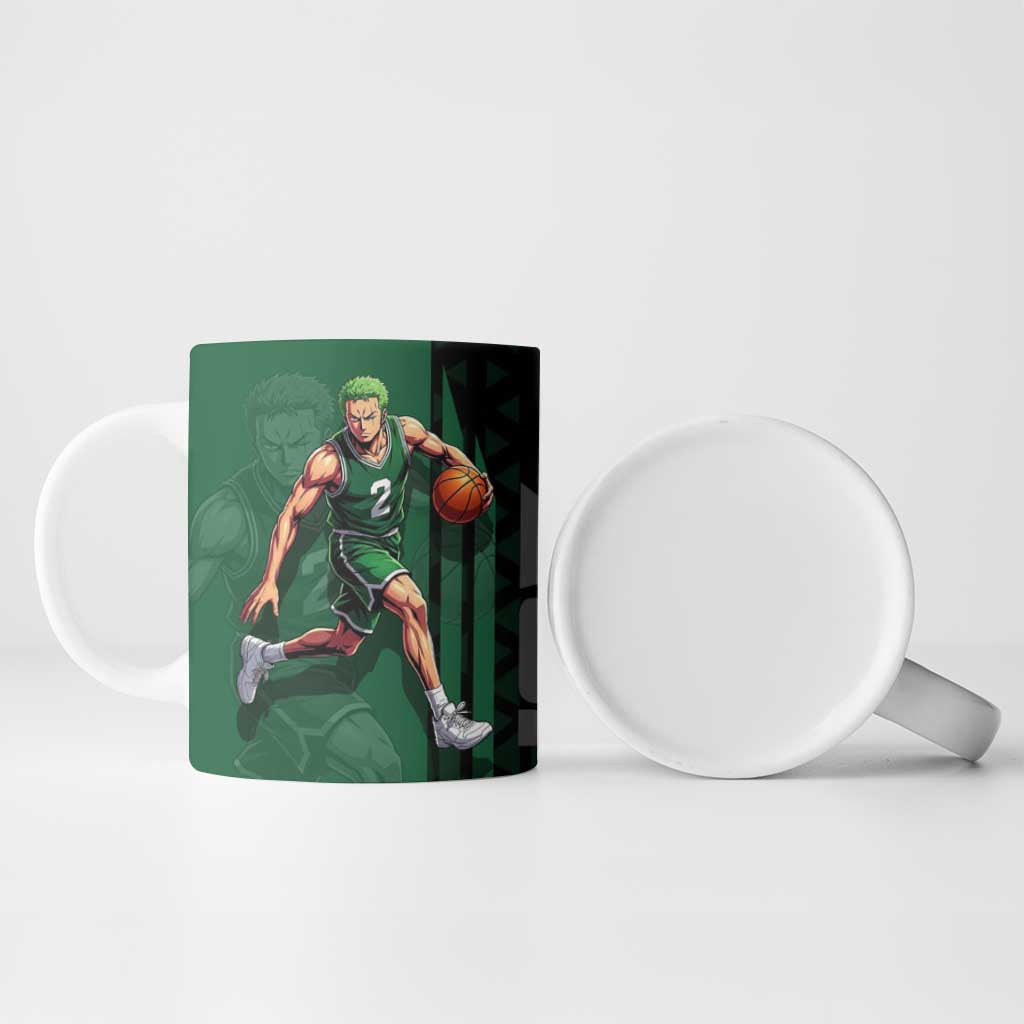 Zoro One Piece Basketball Theme Green and Black Design Ceramic Mug with Swordsman Logo and Action Dribble Pose - The Mazicc