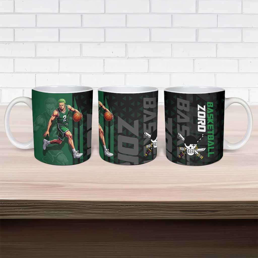 Zoro One Piece Basketball Theme Green and Black Design Ceramic Mug with Swordsman Logo and Action Dribble Pose - The Mazicc