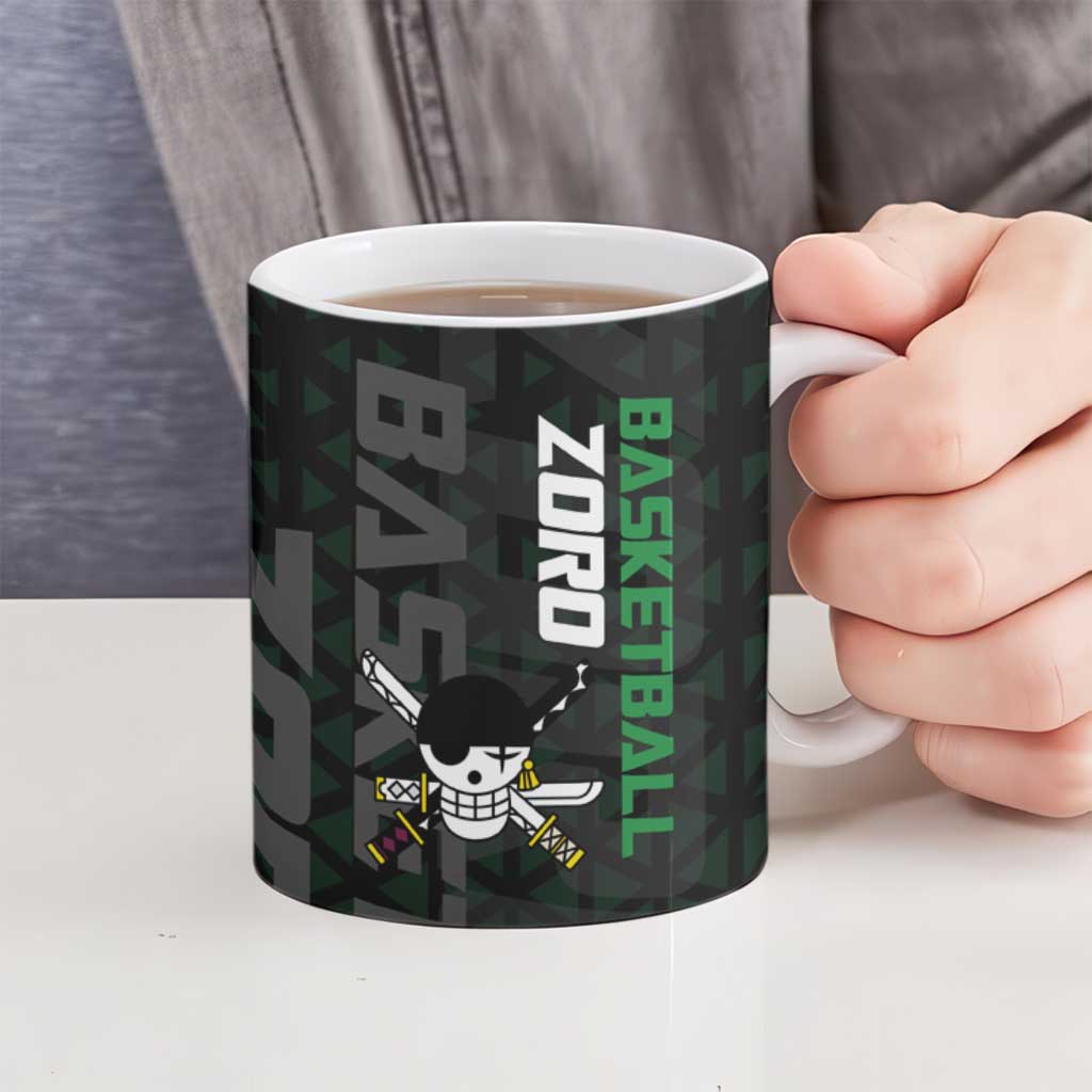 Zoro One Piece Basketball Theme Green and Black Design Ceramic Mug with Swordsman Logo and Action Dribble Pose - The Mazicc