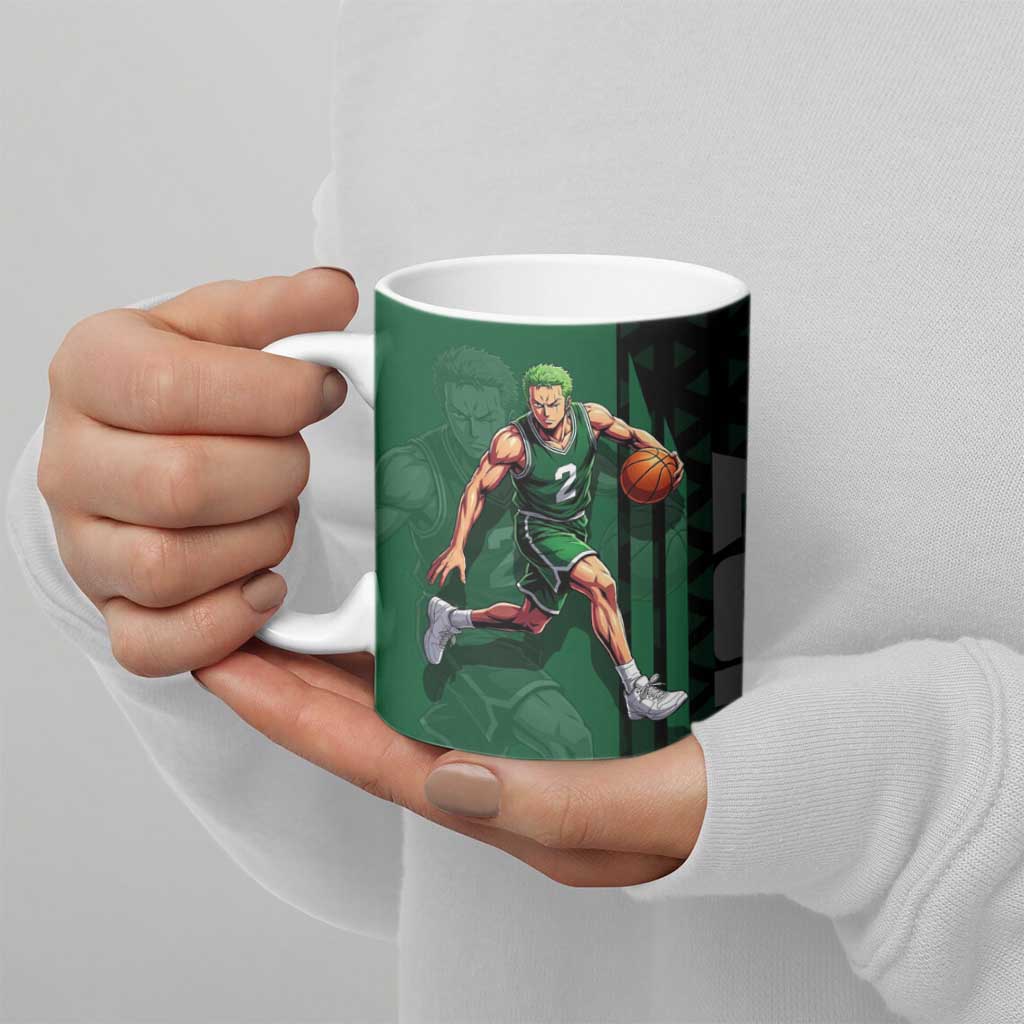 Zoro One Piece Basketball Theme Green and Black Design Ceramic Mug with Swordsman Logo and Action Dribble Pose - The Mazicc