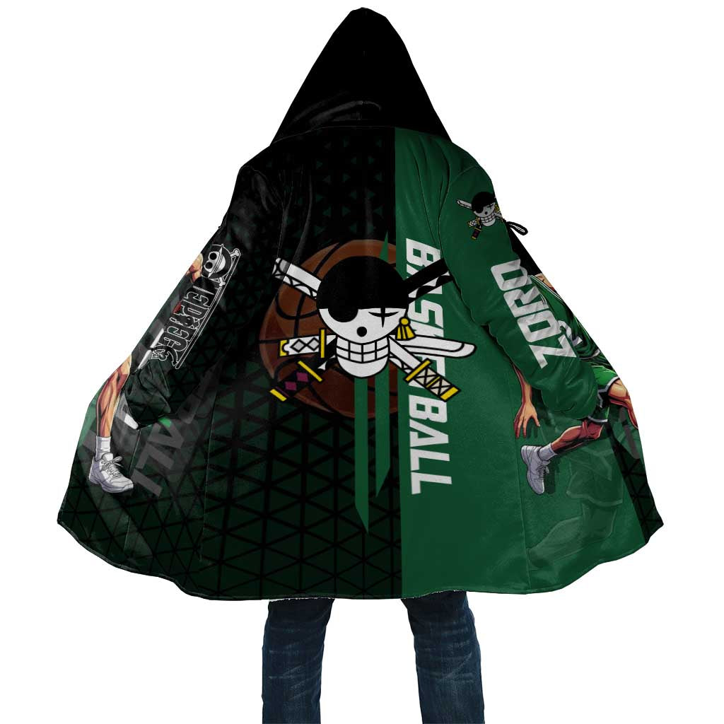 Zoro One Piece Basketball Theme Green and Black Design Cloak with Swordsman Logo and Action Dribble Pose - The Mazicc