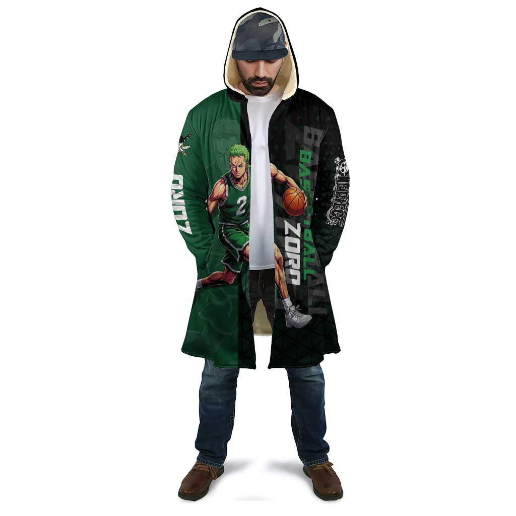 Zoro One Piece Basketball Theme Green and Black Design Cloak with Swordsman Logo and Action Dribble Pose - The Mazicc