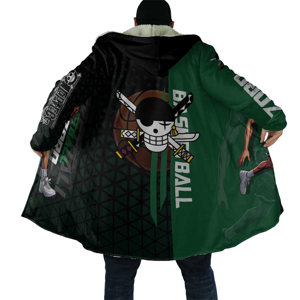 Zoro One Piece Basketball Theme Green and Black Design Cloak with Swordsman Logo and Action Dribble Pose - The Mazicc