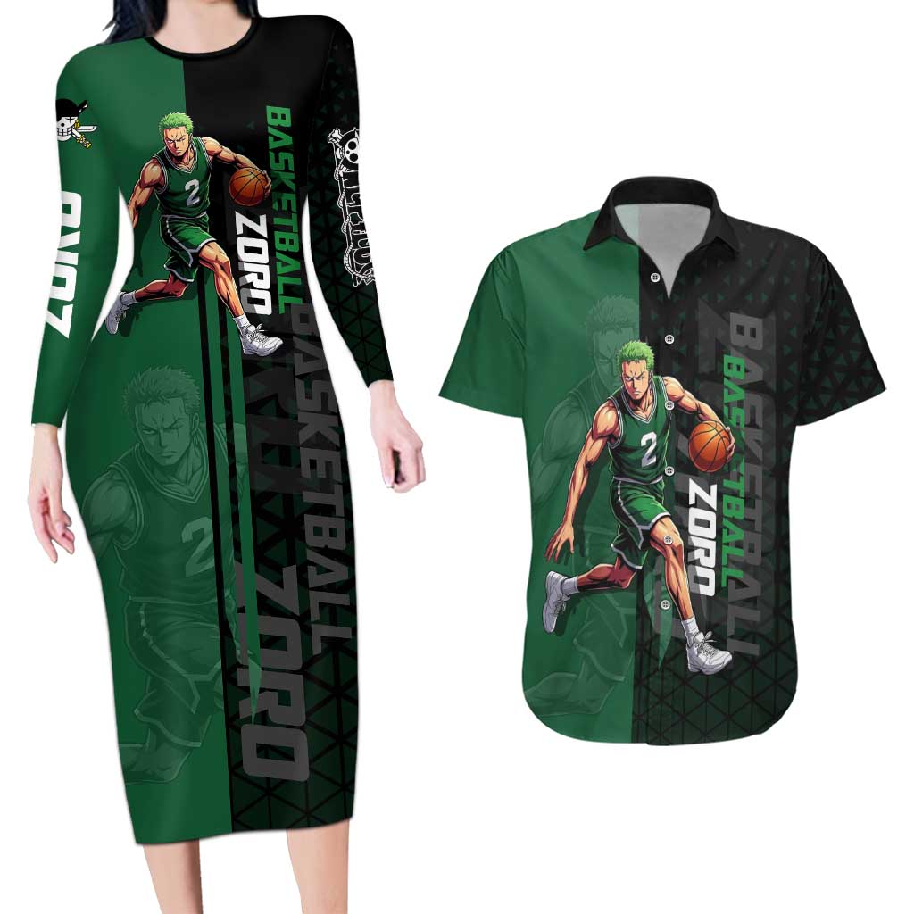Zoro One Piece Basketball Theme Green and Black Design Couples Matching Long Sleeve Bodycon Dress and Hawaiian Shirt with Swordsman Logo and Action Dribble Pose - The Mazicc