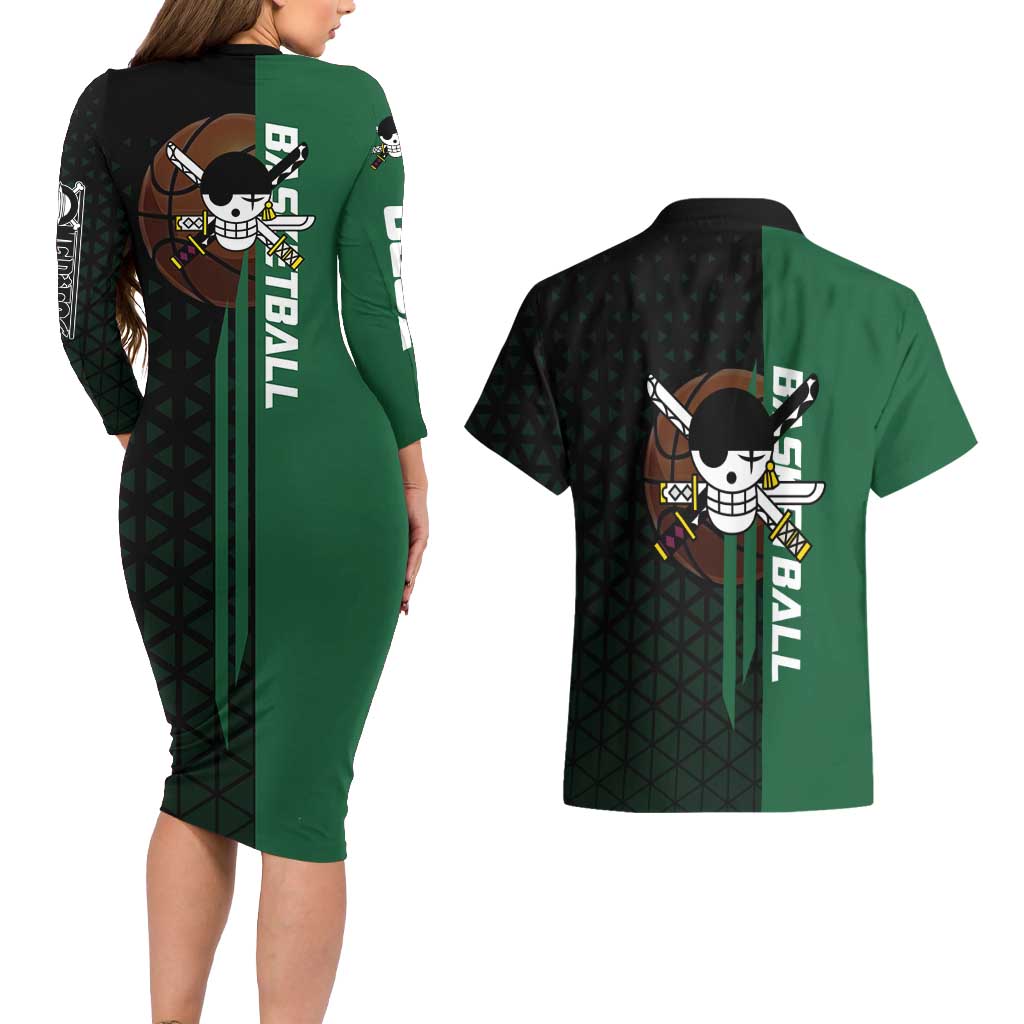 Zoro One Piece Basketball Theme Green and Black Design Couples Matching Long Sleeve Bodycon Dress and Hawaiian Shirt with Swordsman Logo and Action Dribble Pose - The Mazicc