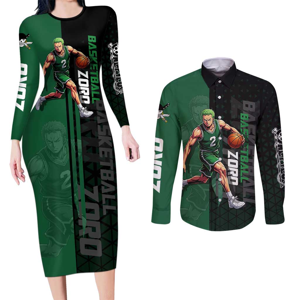 Zoro One Piece Basketball Theme Green and Black Design Couples Matching Long Sleeve Bodycon Dress and Long Sleeve Button Shirt with Swordsman Logo and Action Dribble Pose - The Mazicc