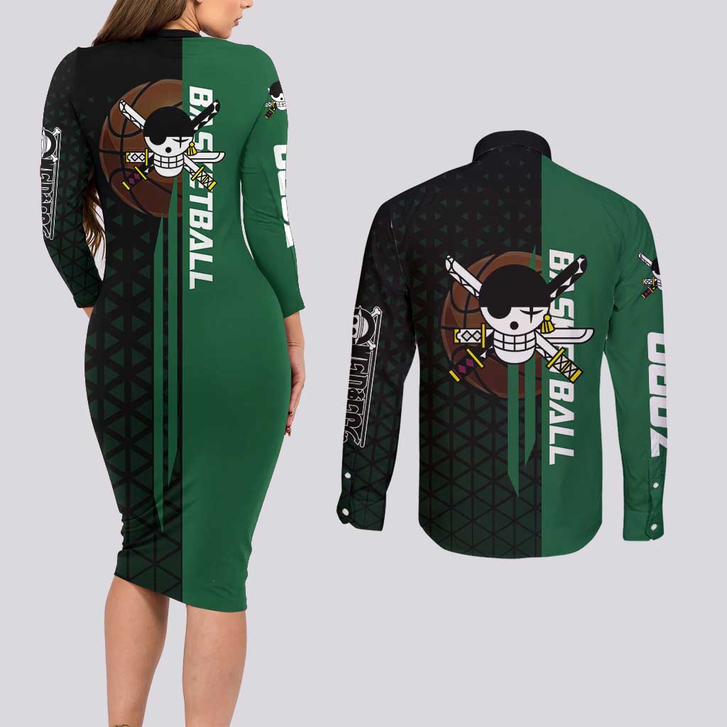Zoro One Piece Basketball Theme Green and Black Design Couples Matching Long Sleeve Bodycon Dress and Long Sleeve Button Shirt with Swordsman Logo and Action Dribble Pose - The Mazicc