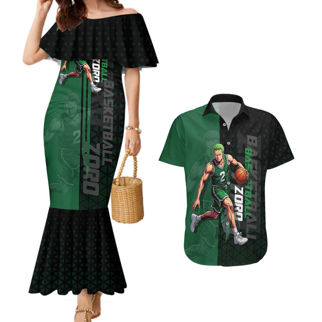 Zoro One Piece Basketball Theme Green and Black Design Couples Matching Mermaid Dress and Hawaiian Shirt with Swordsman Logo and Action Dribble Pose - The Mazicc