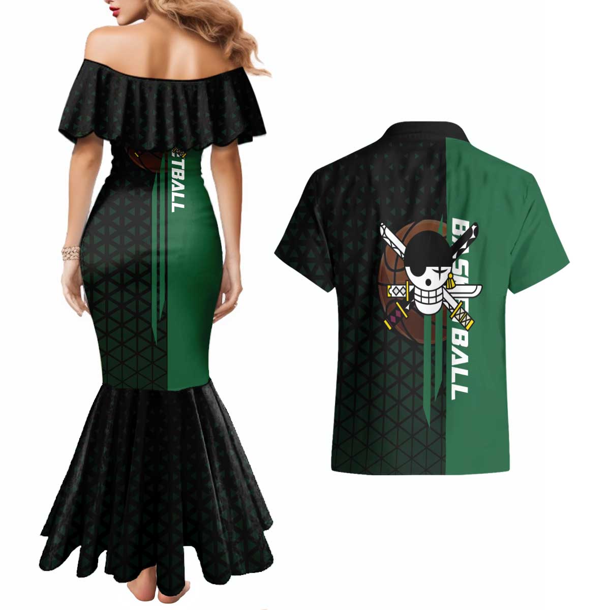 Zoro One Piece Basketball Theme Green and Black Design Couples Matching Mermaid Dress and Hawaiian Shirt with Swordsman Logo and Action Dribble Pose - The Mazicc