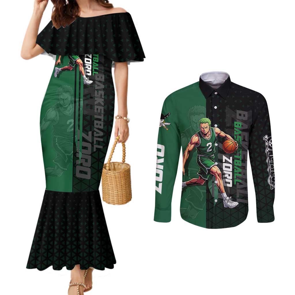 Zoro One Piece Basketball Theme Green and Black Design Couples Matching Mermaid Dress and Long Sleeve Button Shirt with Swordsman Logo and Action Dribble Pose - The Mazicc
