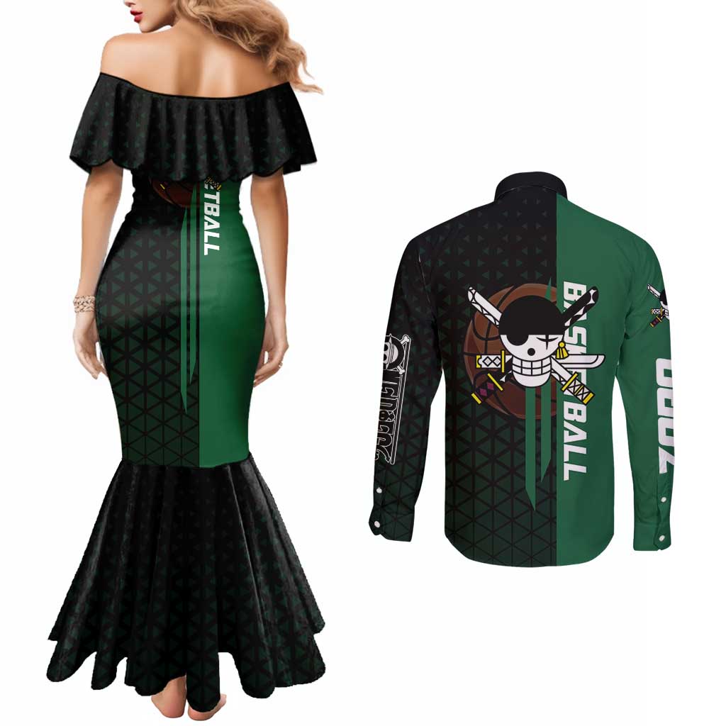 Zoro One Piece Basketball Theme Green and Black Design Couples Matching Mermaid Dress and Long Sleeve Button Shirt with Swordsman Logo and Action Dribble Pose - The Mazicc