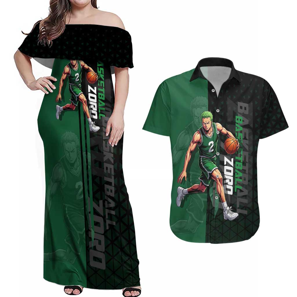 Zoro One Piece Basketball Theme Green and Black Design Couples Matching Off Shoulder Maxi Dress and Hawaiian Shirt with Swordsman Logo and Action Dribble Pose - The Mazicc