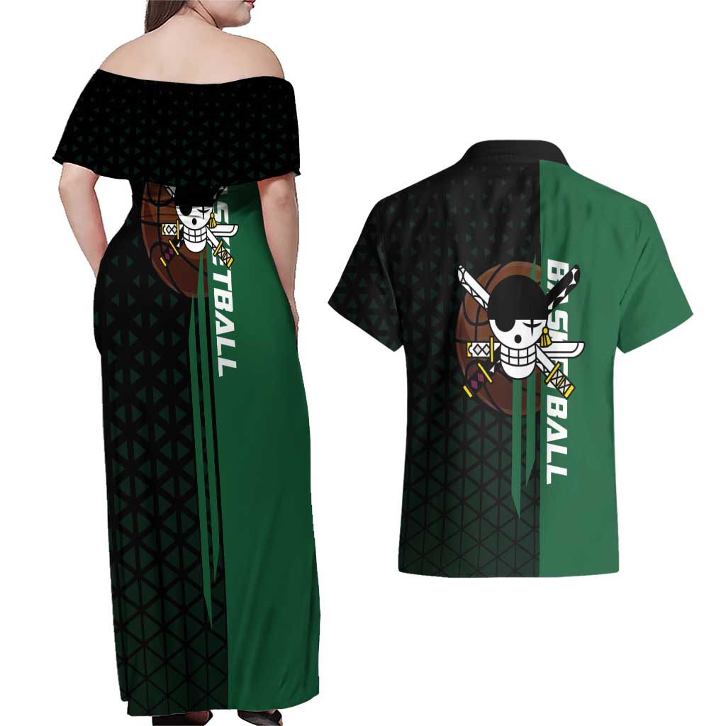 Zoro One Piece Basketball Theme Green and Black Design Couples Matching Off Shoulder Maxi Dress and Hawaiian Shirt with Swordsman Logo and Action Dribble Pose - The Mazicc