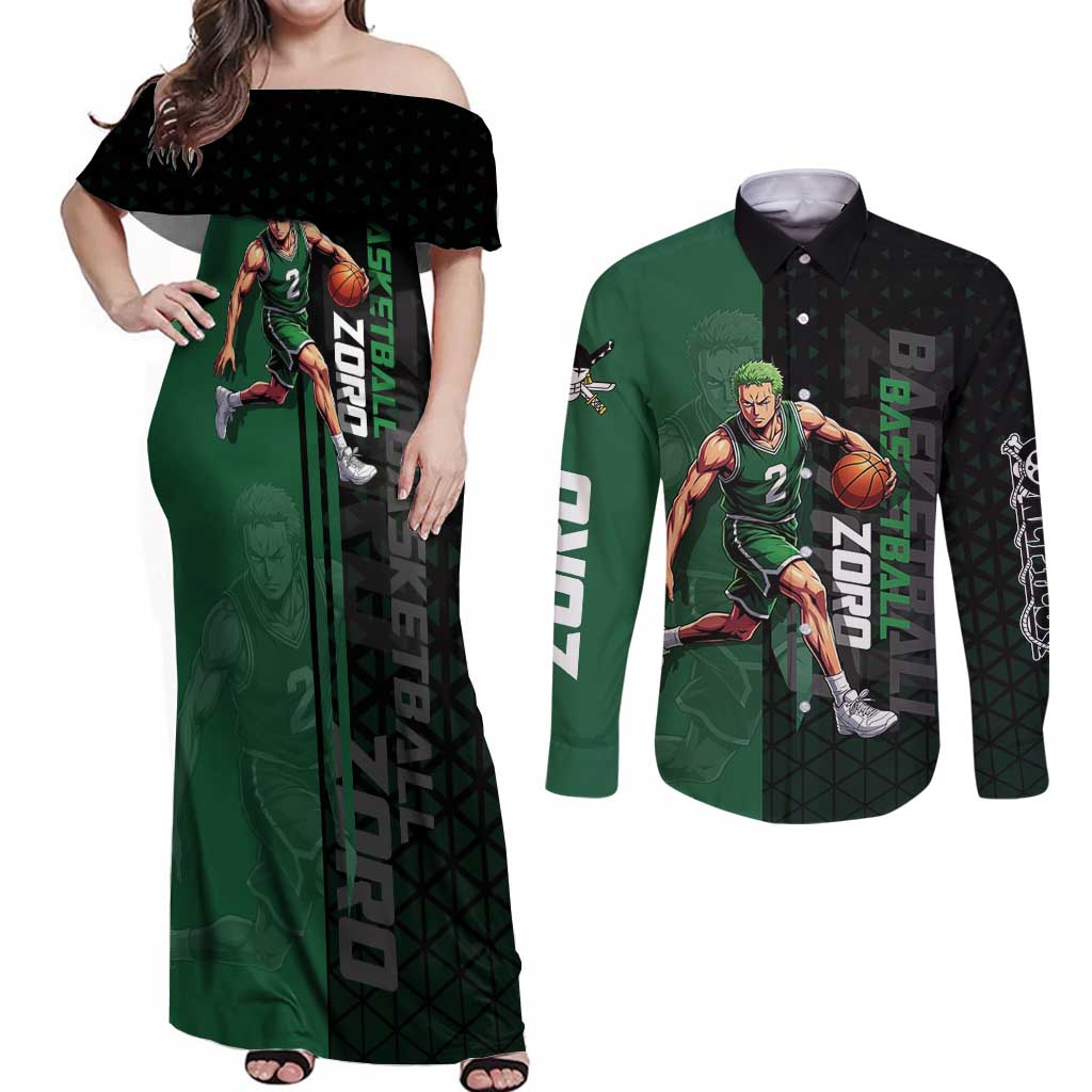 Zoro One Piece Basketball Theme Green and Black Design Couples Matching Off Shoulder Maxi Dress and Long Sleeve Button Shirt with Swordsman Logo and Action Dribble Pose - The Mazicc