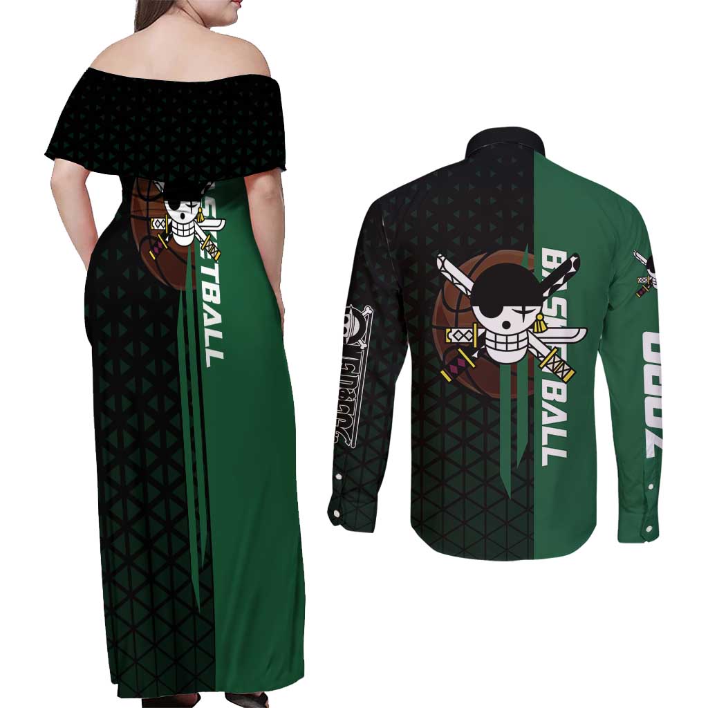 Zoro One Piece Basketball Theme Green and Black Design Couples Matching Off Shoulder Maxi Dress and Long Sleeve Button Shirt with Swordsman Logo and Action Dribble Pose - The Mazicc