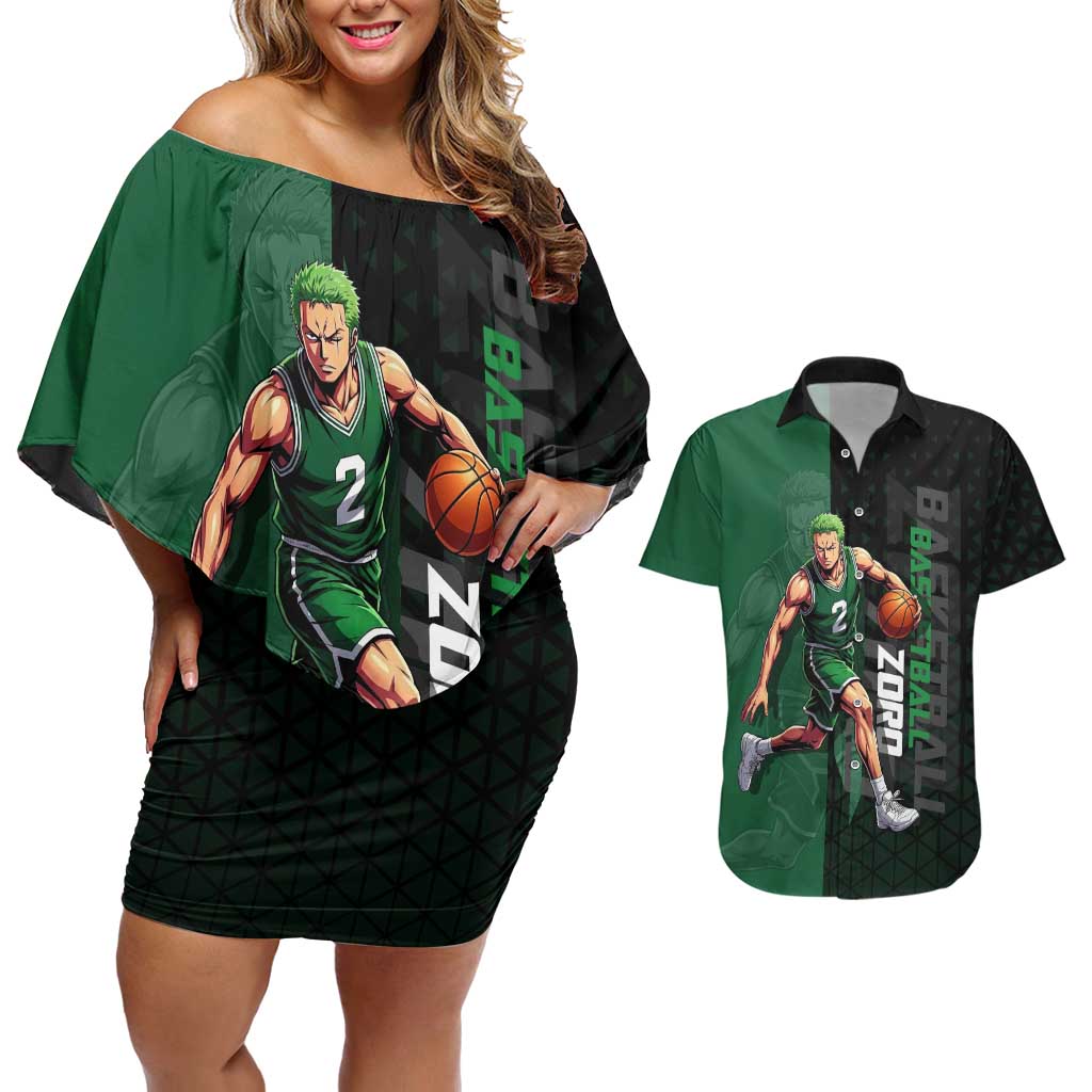 Zoro One Piece Basketball Theme Green and Black Design Couples Matching Off Shoulder Short Dress and Hawaiian Shirt with Swordsman Logo and Action Dribble Pose - The Mazicc