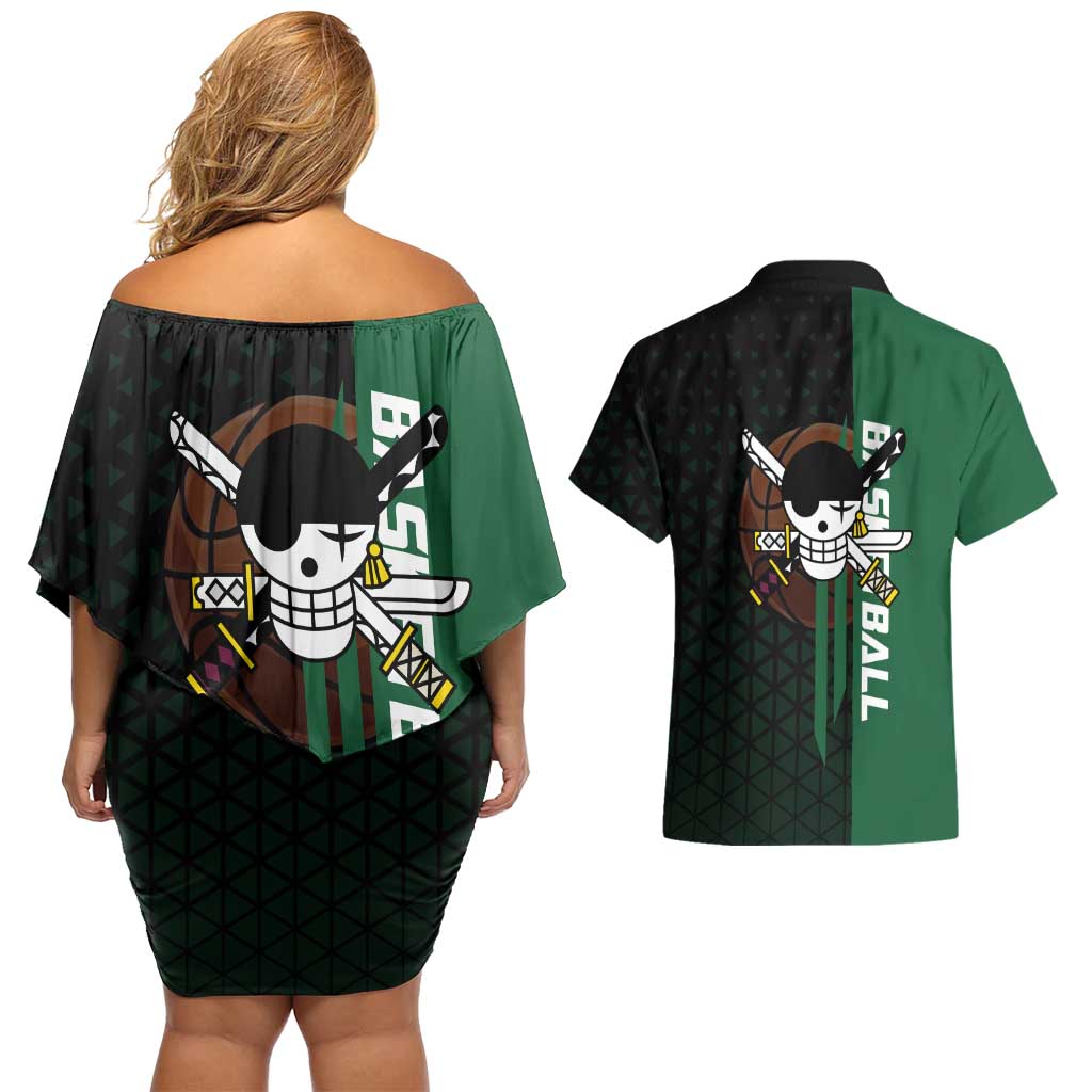 Zoro One Piece Basketball Theme Green and Black Design Couples Matching Off Shoulder Short Dress and Hawaiian Shirt with Swordsman Logo and Action Dribble Pose - The Mazicc