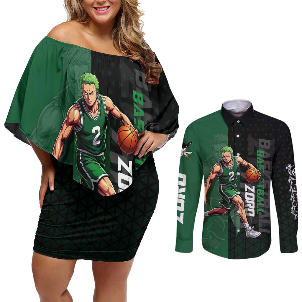 Zoro One Piece Basketball Theme Green and Black Design Couples Matching Off Shoulder Short Dress and Long Sleeve Button Shirt with Swordsman Logo and Action Dribble Pose - The Mazicc