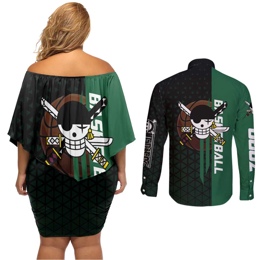 Zoro One Piece Basketball Theme Green and Black Design Couples Matching Off Shoulder Short Dress and Long Sleeve Button Shirt with Swordsman Logo and Action Dribble Pose - The Mazicc