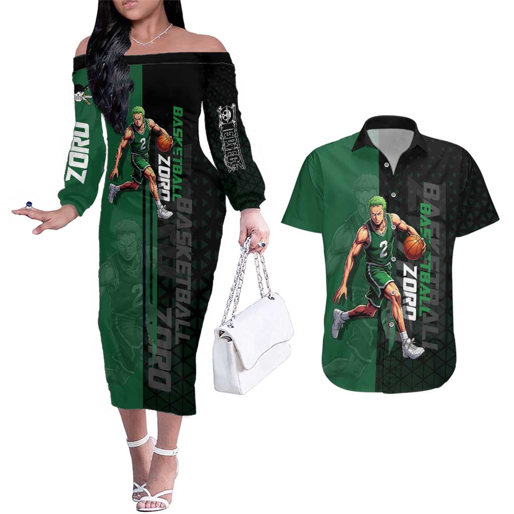 Zoro One Piece Basketball Theme Green and Black Design Couples Matching Off The Shoulder Long Sleeve Dress and Hawaiian Shirt with Swordsman Logo and Action Dribble Pose - The Mazicc