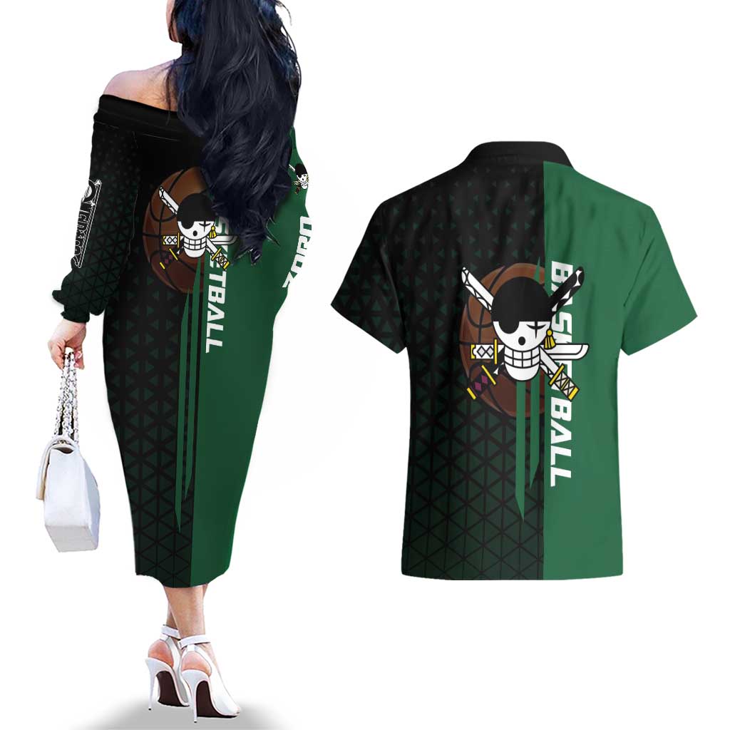 Zoro One Piece Basketball Theme Green and Black Design Couples Matching Off The Shoulder Long Sleeve Dress and Hawaiian Shirt with Swordsman Logo and Action Dribble Pose - The Mazicc