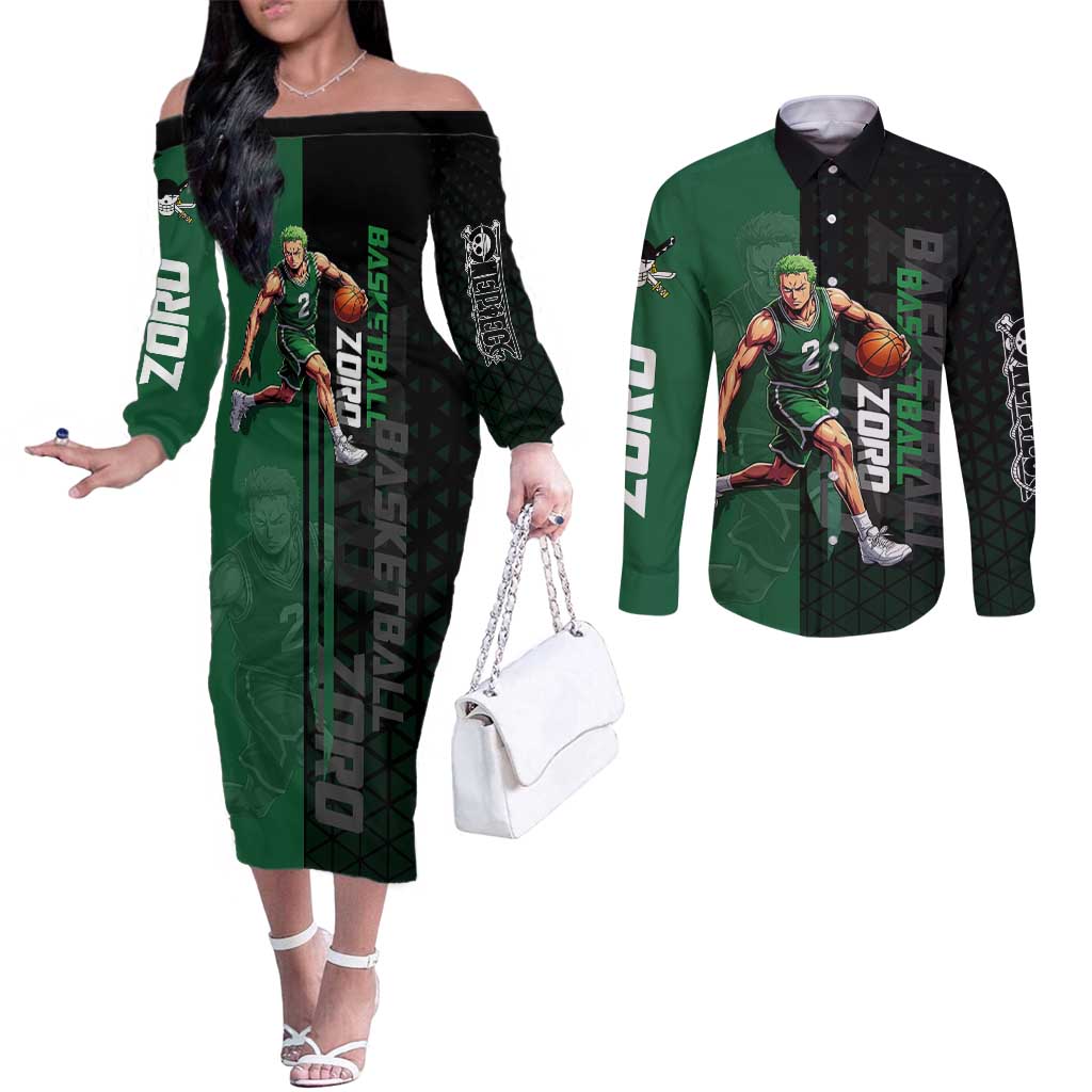 Zoro One Piece Basketball Theme Green and Black Design Couples Matching Off The Shoulder Long Sleeve Dress and Long Sleeve Button Shirt with Swordsman Logo and Action Dribble Pose - The Mazicc