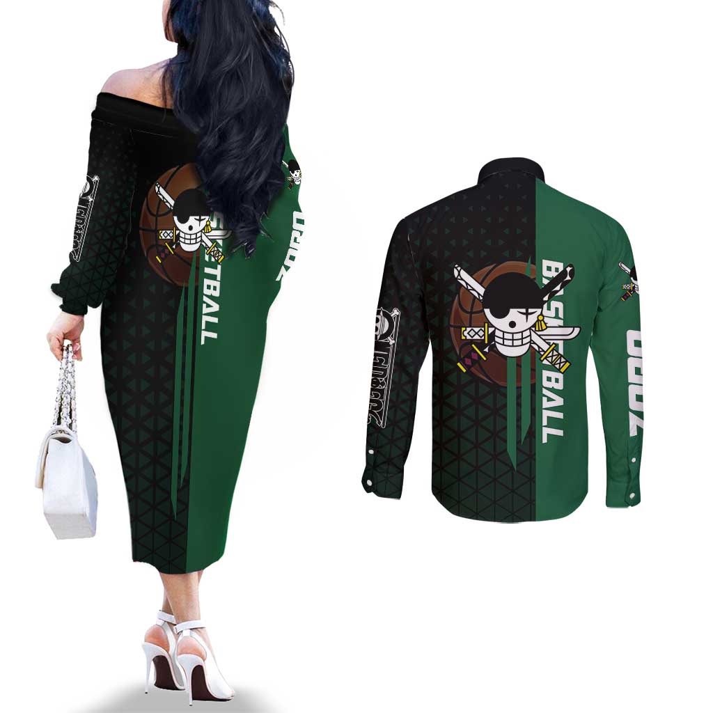 Zoro One Piece Basketball Theme Green and Black Design Couples Matching Off The Shoulder Long Sleeve Dress and Long Sleeve Button Shirt with Swordsman Logo and Action Dribble Pose - The Mazicc
