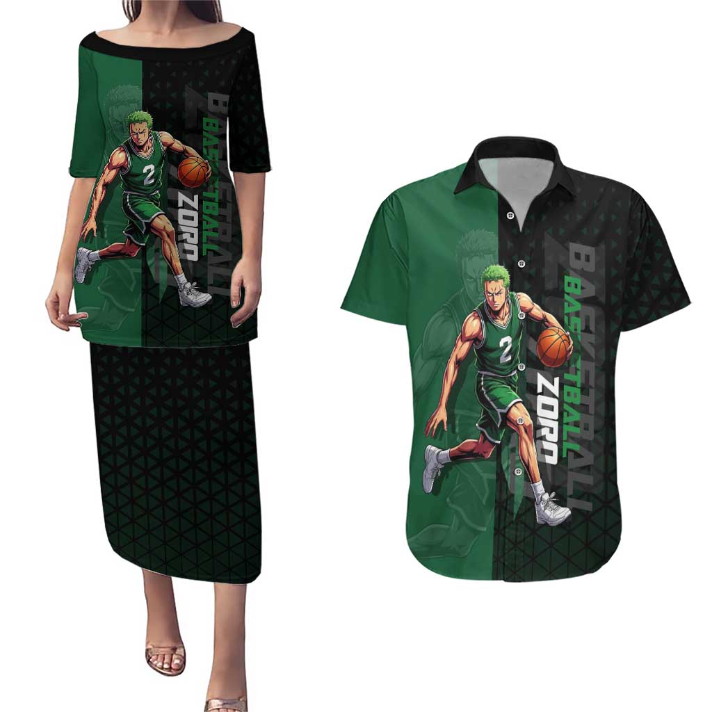 Zoro One Piece Basketball Theme Green and Black Design Couples Matching Puletasi and Hawaiian Shirt with Swordsman Logo and Action Dribble Pose - The Mazicc