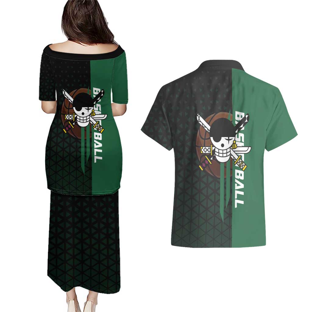 Zoro One Piece Basketball Theme Green and Black Design Couples Matching Puletasi and Hawaiian Shirt with Swordsman Logo and Action Dribble Pose - The Mazicc