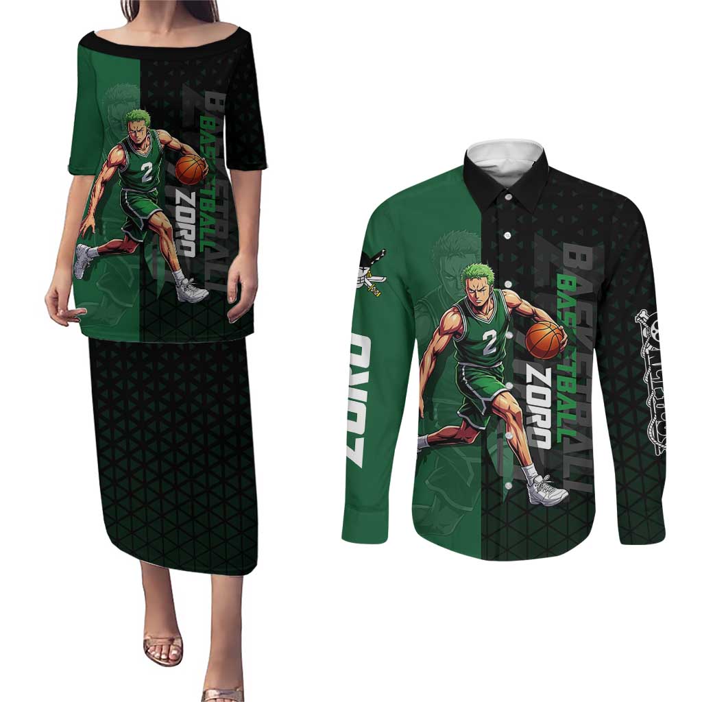 Zoro One Piece Basketball Theme Green and Black Design Couples Matching Puletasi and Long Sleeve Button Shirt with Swordsman Logo and Action Dribble Pose - The Mazicc