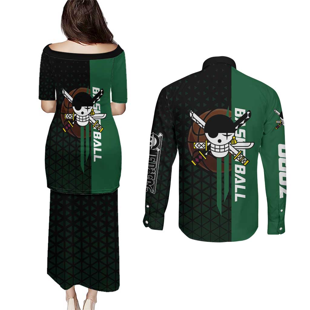 Zoro One Piece Basketball Theme Green and Black Design Couples Matching Puletasi and Long Sleeve Button Shirt with Swordsman Logo and Action Dribble Pose - The Mazicc