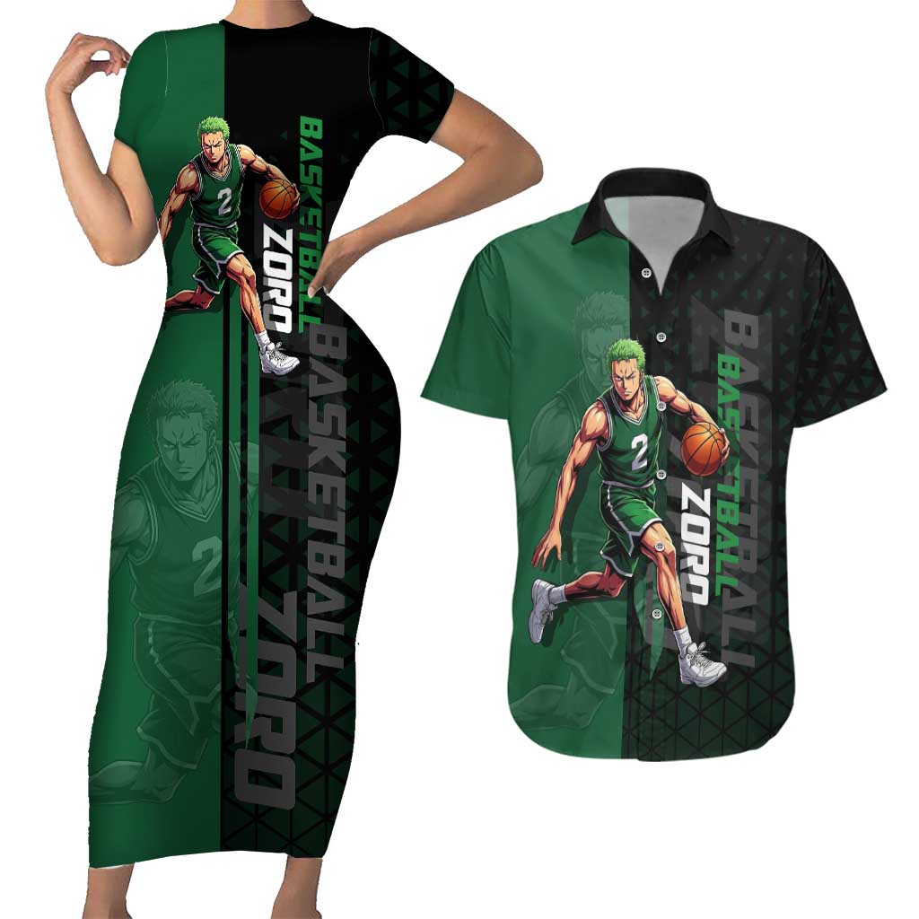 Zoro One Piece Basketball Theme Green and Black Design Couples Matching Short Sleeve Bodycon Dress and Hawaiian Shirt with Swordsman Logo and Action Dribble Pose - The Mazicc