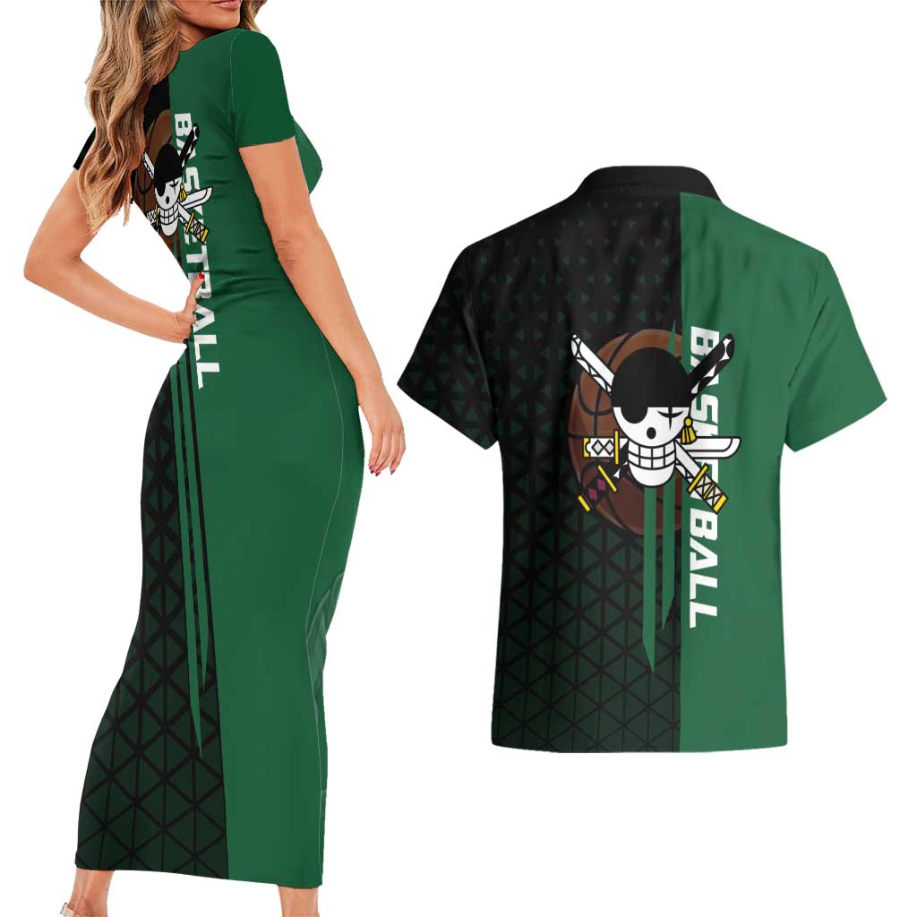 Zoro One Piece Basketball Theme Green and Black Design Couples Matching Short Sleeve Bodycon Dress and Hawaiian Shirt with Swordsman Logo and Action Dribble Pose - The Mazicc