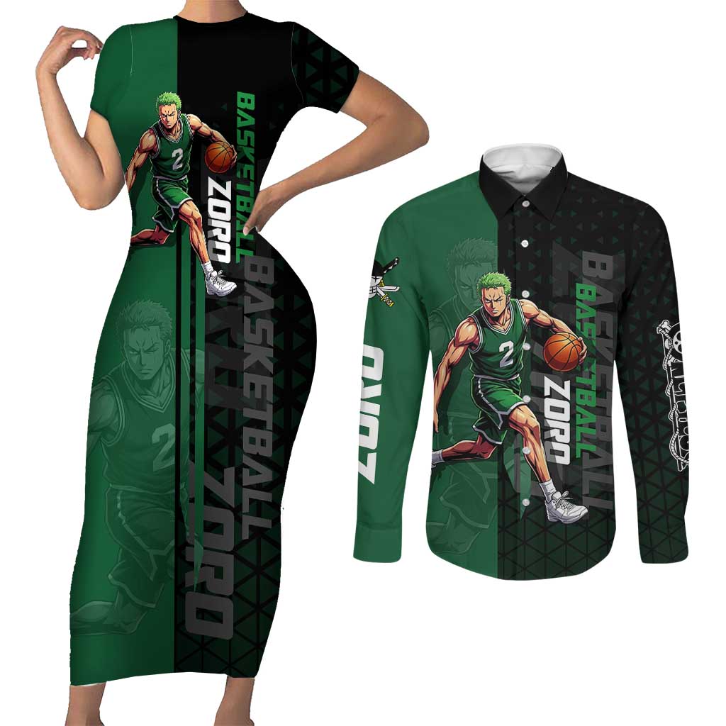 Zoro One Piece Basketball Theme Green and Black Design Couples Matching Short Sleeve Bodycon Dress and Long Sleeve Button Shirt with Swordsman Logo and Action Dribble Pose - The Mazicc