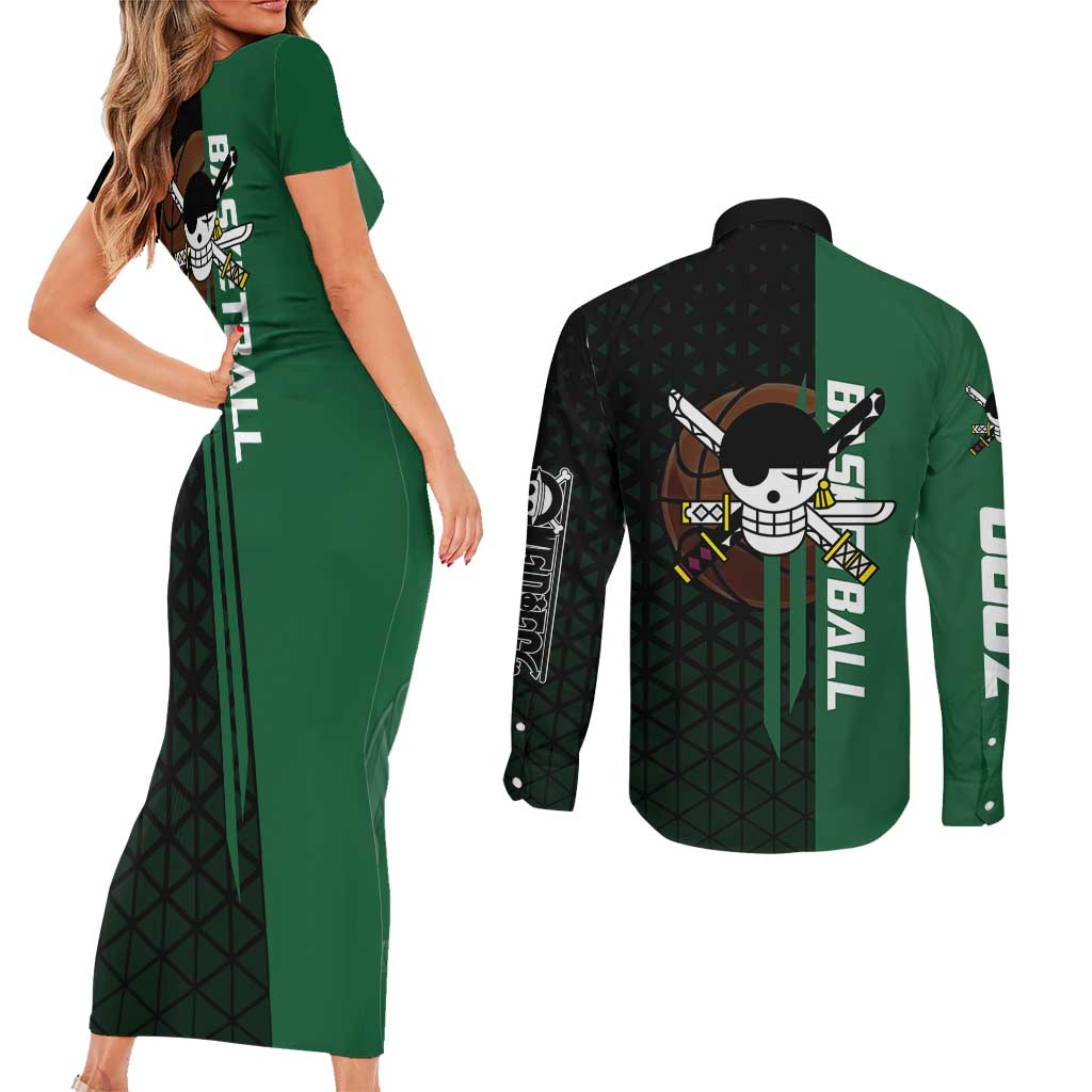 Zoro One Piece Basketball Theme Green and Black Design Couples Matching Short Sleeve Bodycon Dress and Long Sleeve Button Shirt with Swordsman Logo and Action Dribble Pose - The Mazicc