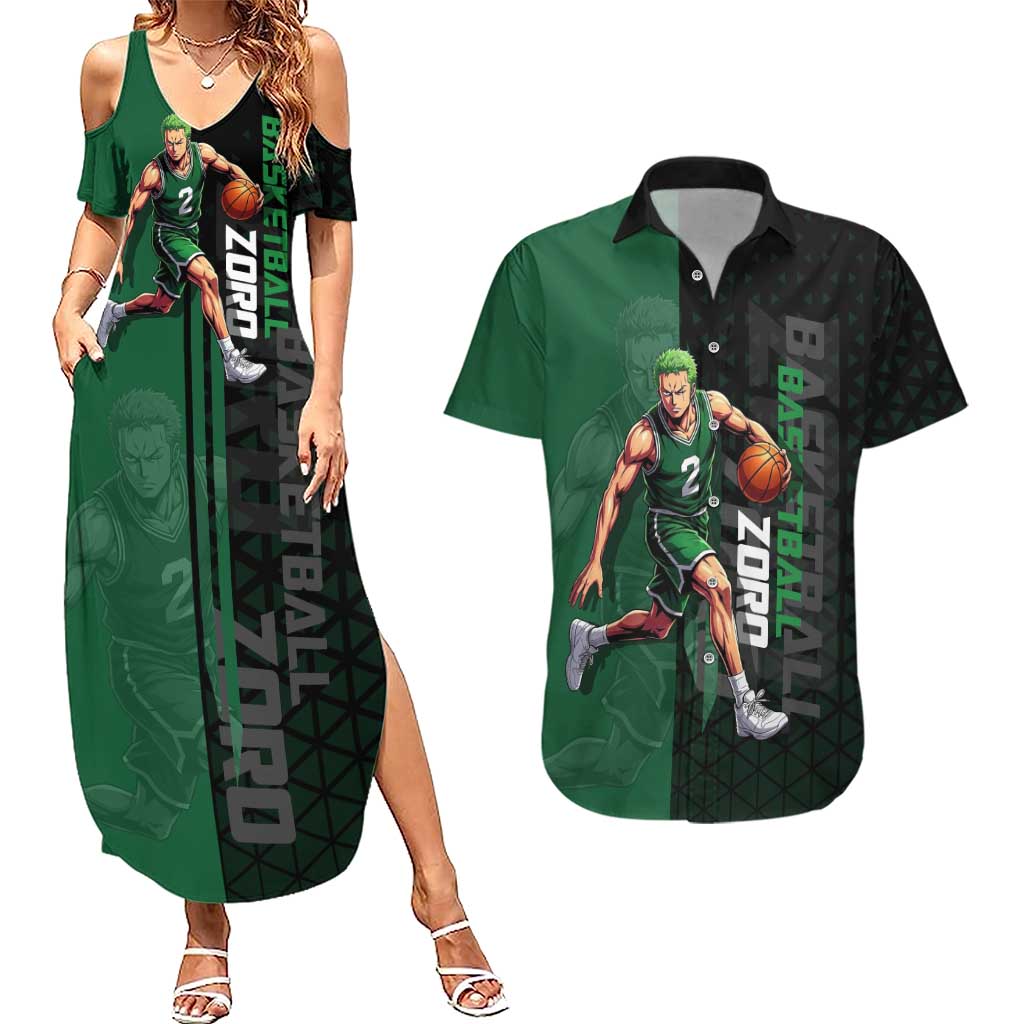Zoro One Piece Basketball Theme Green and Black Design Couples Matching Summer Maxi Dress and Hawaiian Shirt with Swordsman Logo and Action Dribble Pose - The Mazicc
