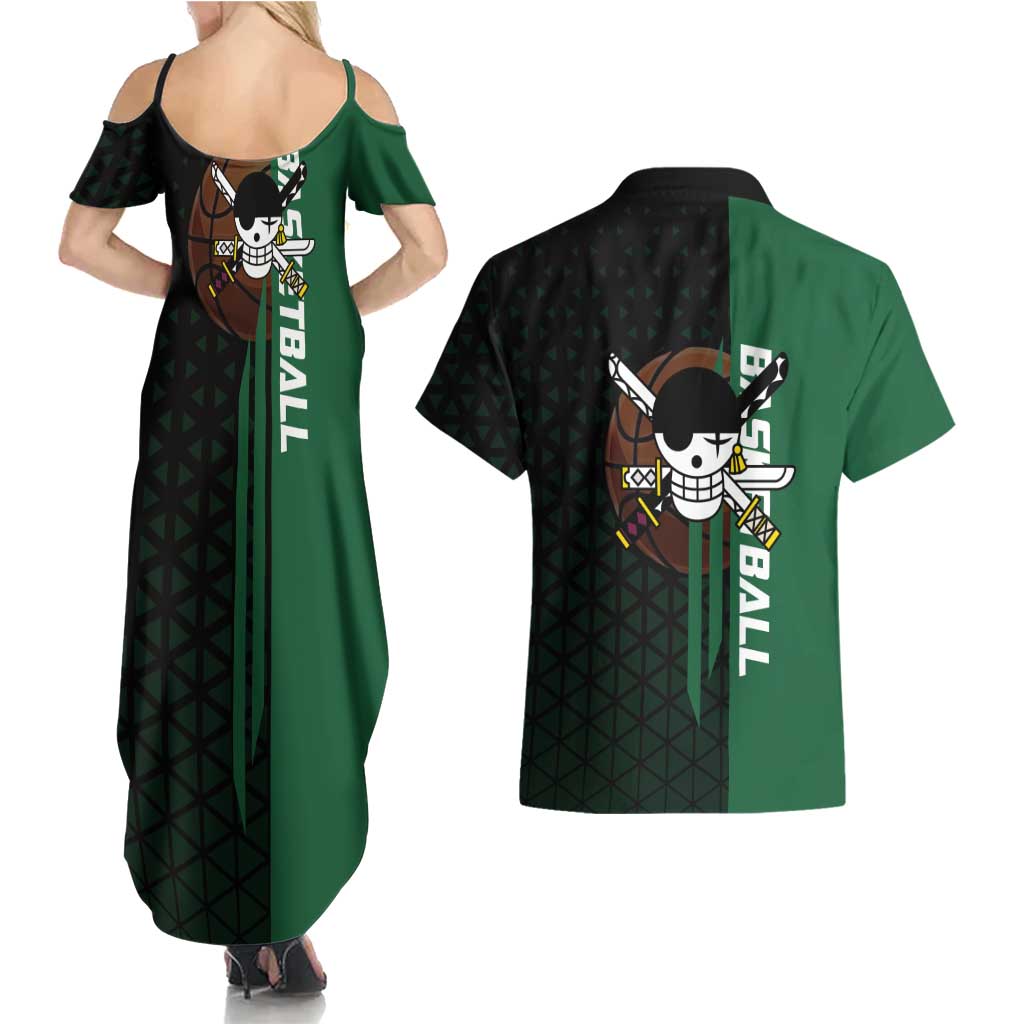 Zoro One Piece Basketball Theme Green and Black Design Couples Matching Summer Maxi Dress and Hawaiian Shirt with Swordsman Logo and Action Dribble Pose - The Mazicc