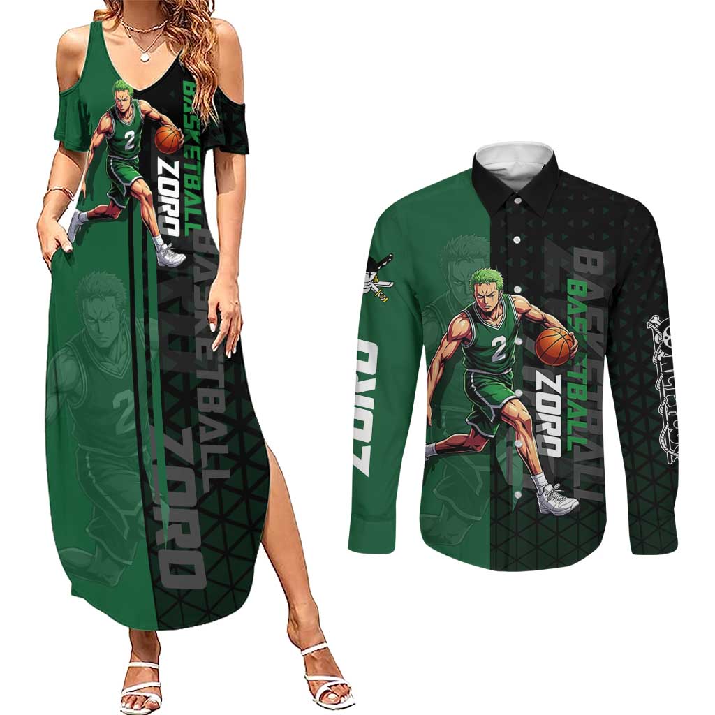 Zoro One Piece Basketball Theme Green and Black Design Couples Matching Summer Maxi Dress and Long Sleeve Button Shirt with Swordsman Logo and Action Dribble Pose - The Mazicc